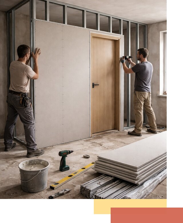 Перегородка из гипсокартона с дверью под ключ в Твери