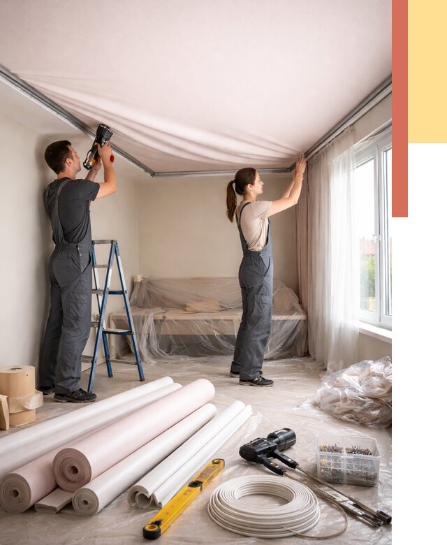 Монтаж цветного натяжного потолка в Твери от 4565 руб/м² — быстро и недорого | ОТДЕЛОЧНИК-Твр