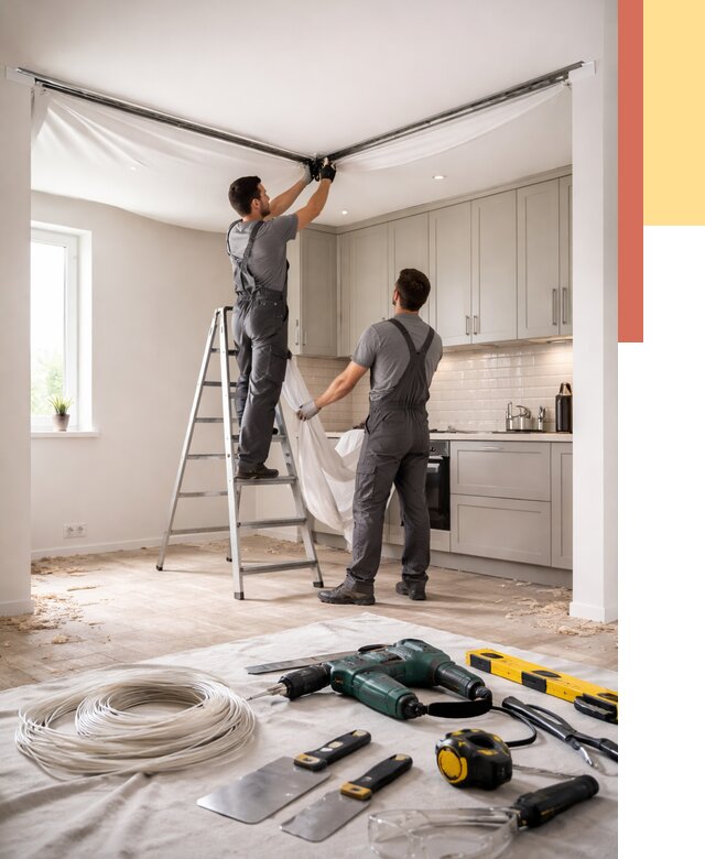 Установка натяжного потолка на кухне в Твери от 2609 руб. | ОТДЕЛОЧНИК-Твр