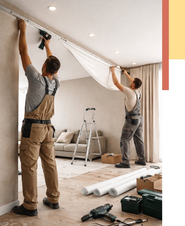 Монтаж натяжного потолка в гостиной в Твери от 598 руб. | ОТДЕЛОЧНИК-Твр