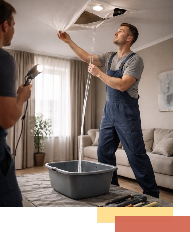 Слив воды с натяжного потолка в Твери быстро и аккуратно