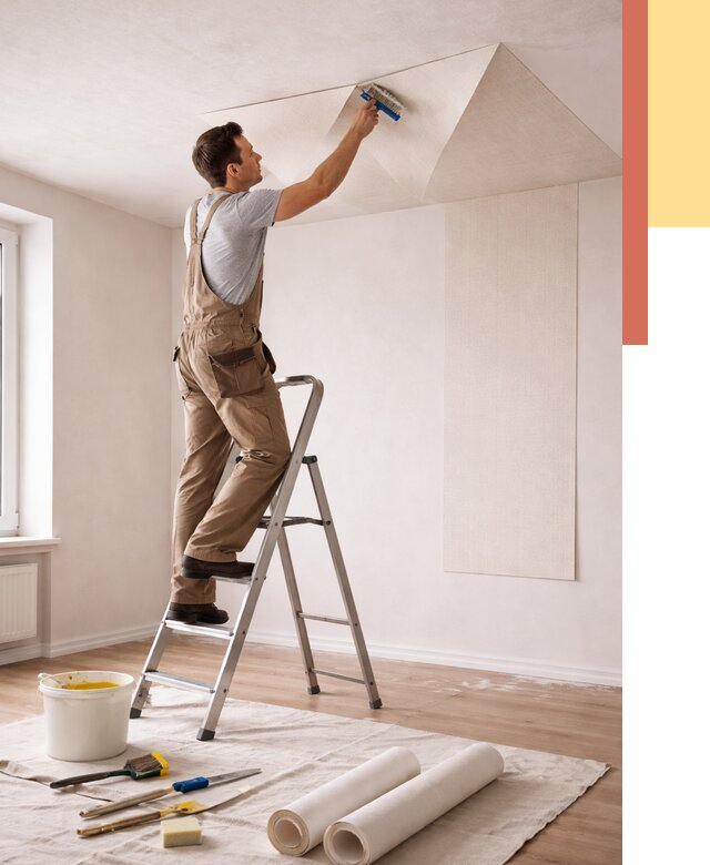 Поклейка обоев на потолок в Твери от 4892 руб. быстро и недорого | ОТДЕЛОЧНИК-Твр